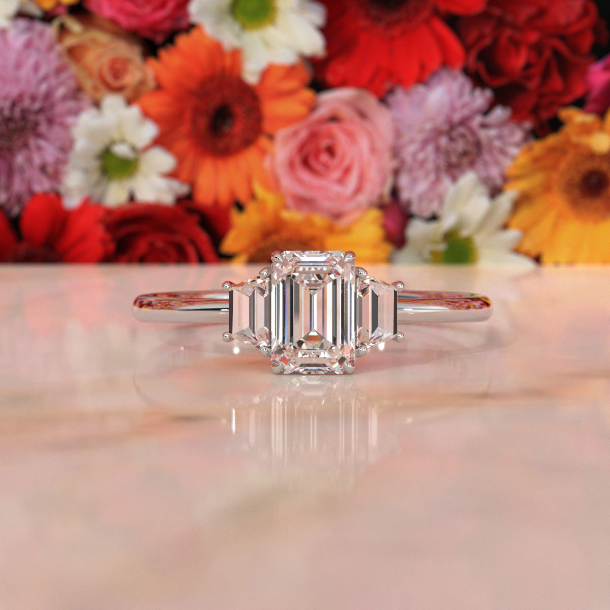 3 Stone Emerald Lab Grown Diamond Engagement Ring 0.84 Ctw.